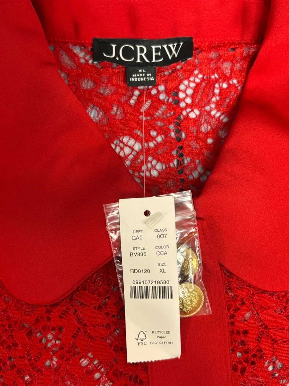 NWT J.Crew Red Lace Lady Gold Buttons Shirt-Jacket